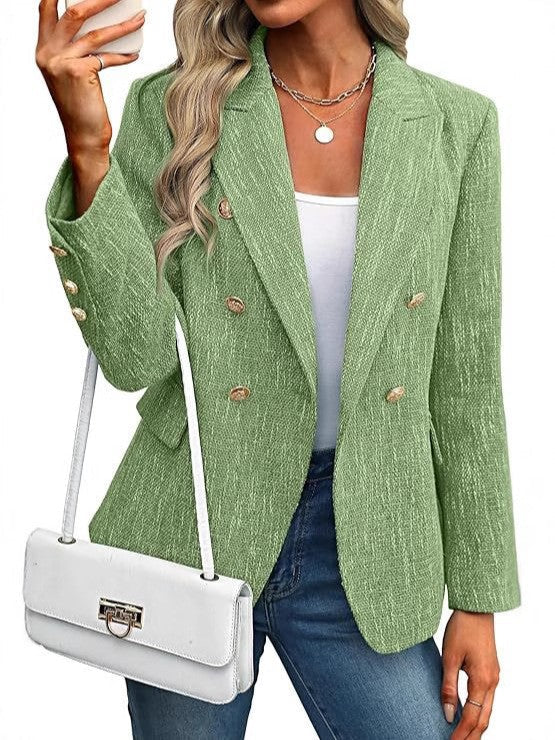 Textured women's blazer, double-breasted, open front, featuring stylish gold buttons for a smart look.
