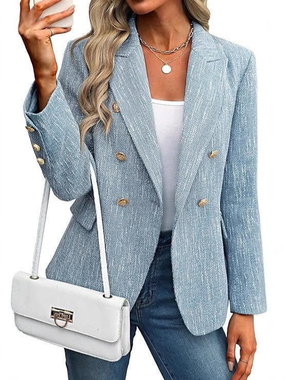 Women's professional blazer jacket, open front, double-breasted, with luxurious gold buttons.
