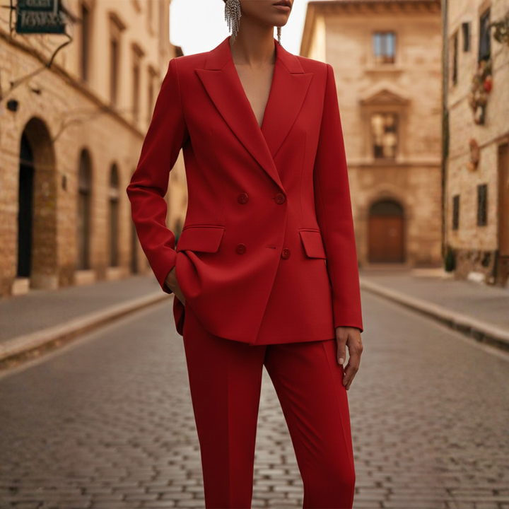 Sophisticated women's tailored suit set, including a double-breasted blazer & straight leg pants, for formal business.