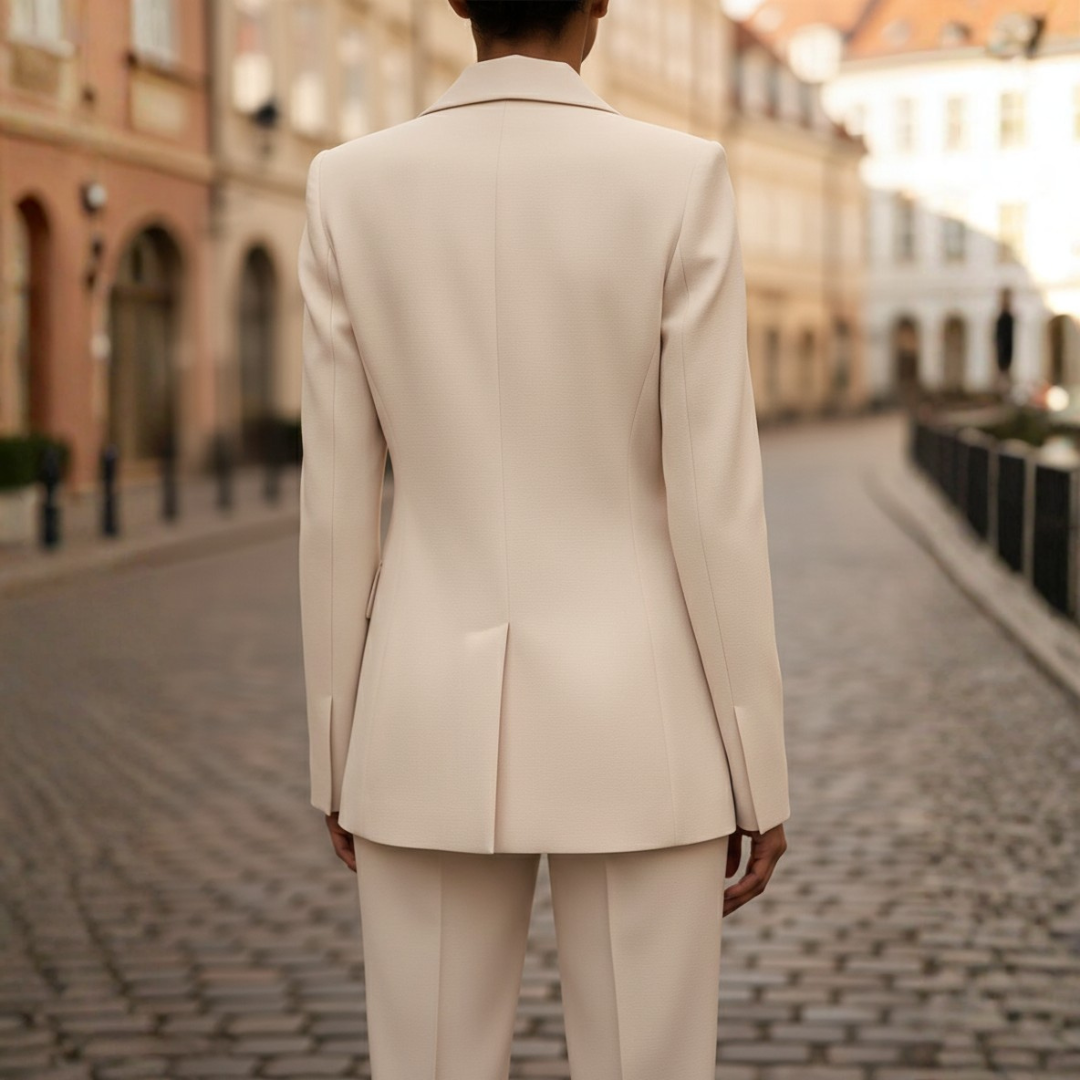 Professional women's two-piece suit set: double-breasted blazer & straight leg pants. Ideal for office & business.