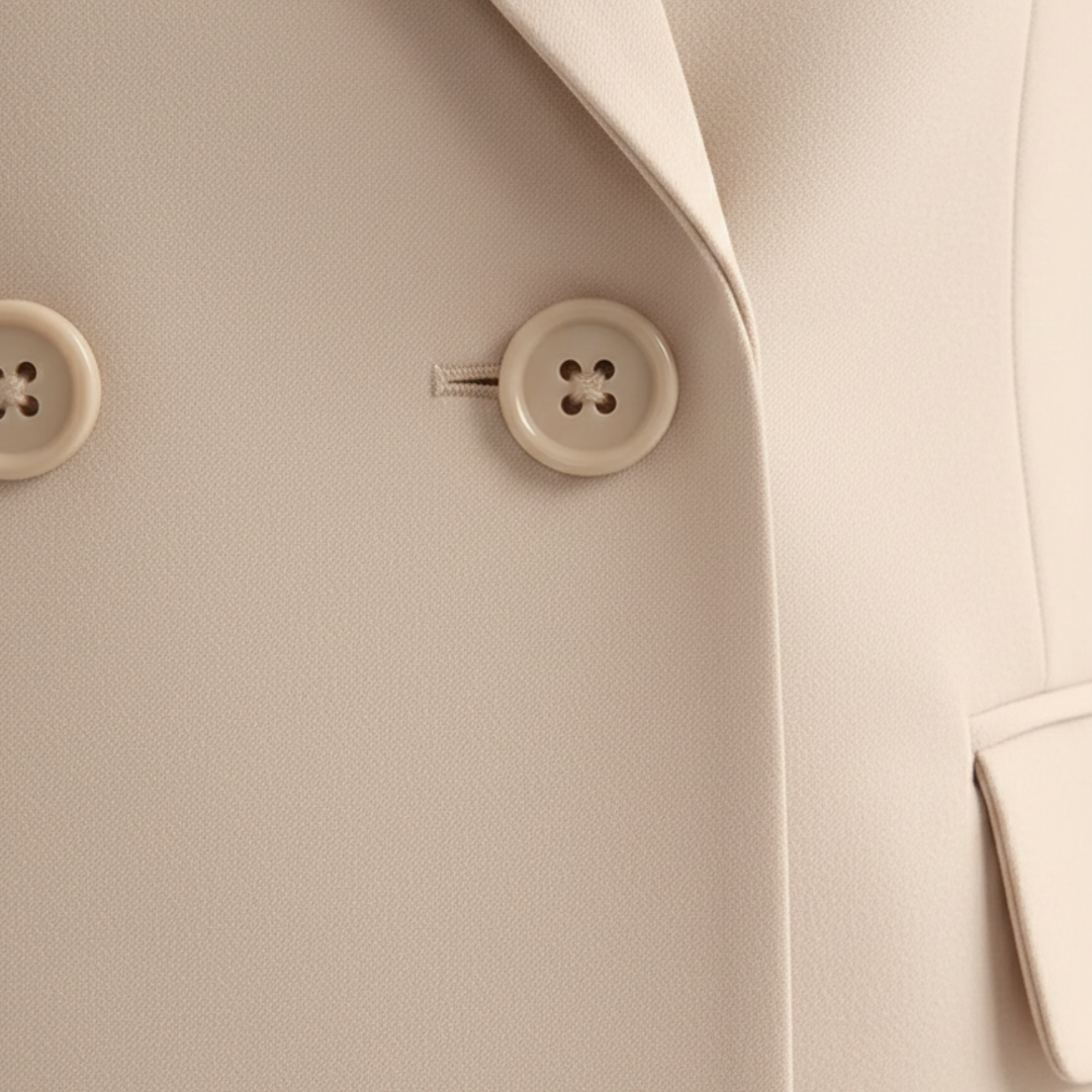 Sophisticated women's double-breasted suit set. Tailored blazer & straight leg pants create an elegant business look.
