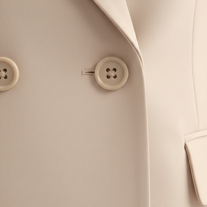 Sophisticated women's double-breasted suit set. Tailored blazer & straight leg pants create an elegant business look.