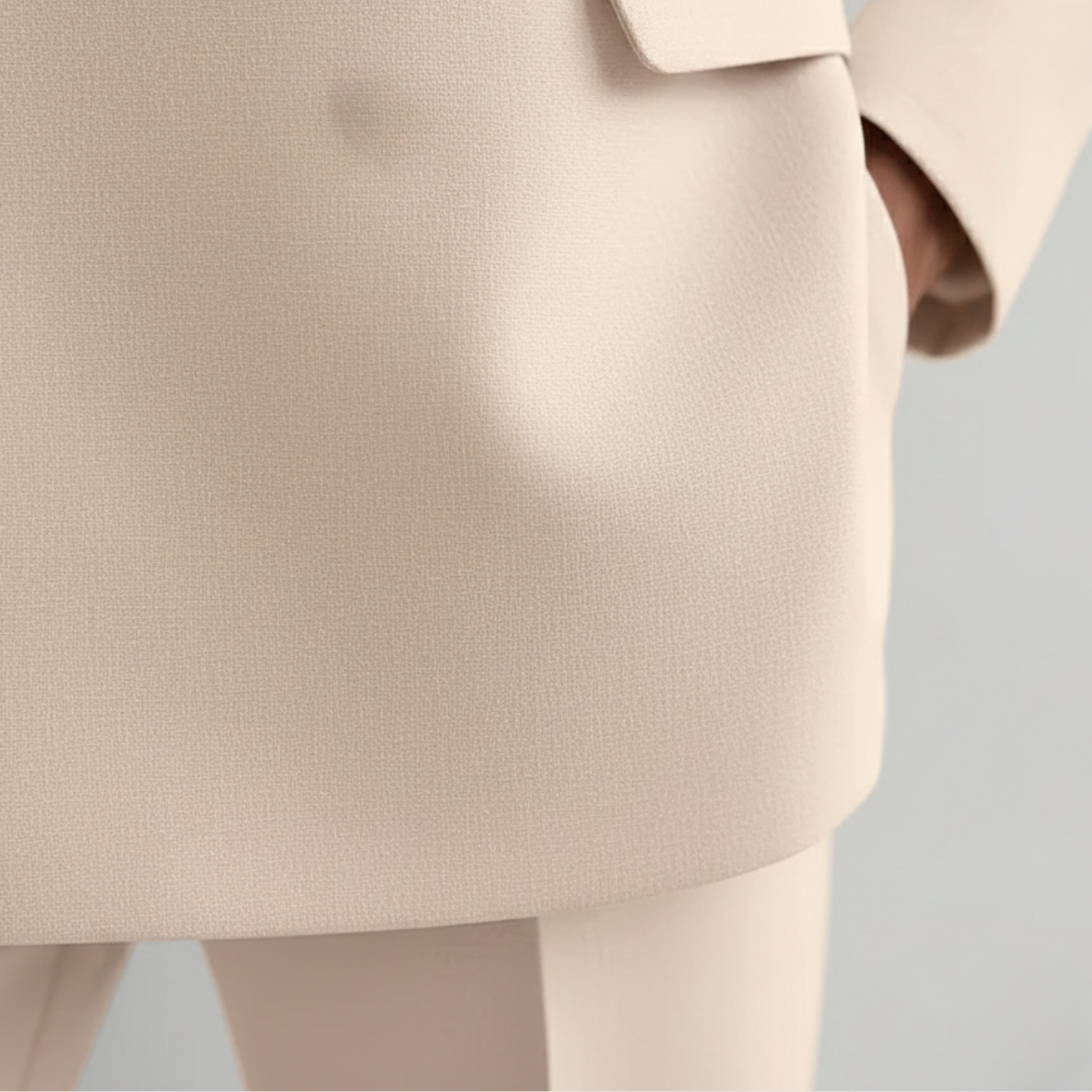 Elegant women's suit set featuring a double-breasted blazer and high-waist straight leg pants for formal occasions.