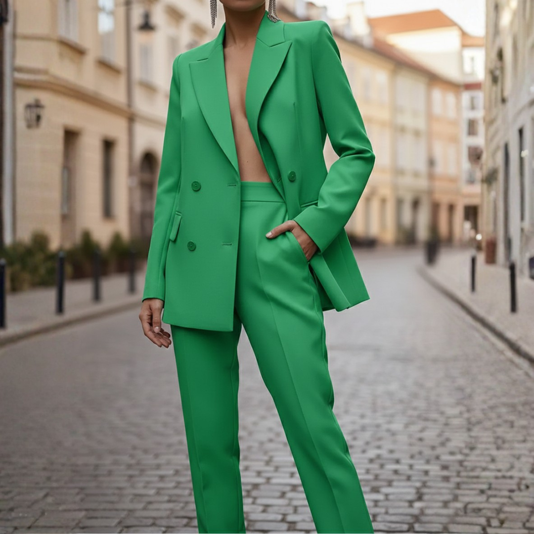 Women's fashionable double-breasted suit set. Features a chic blazer & elegant straight leg pants for business attire.