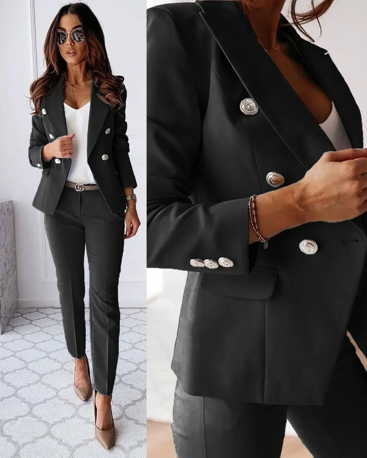 Women's double-breasted suit set with tailored trousers, perfect office wear and business attire.