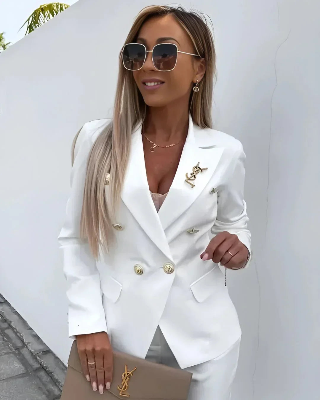 Comfortable & stylish women's double-breasted suit and tailored trousers, perfect for daily office wear.