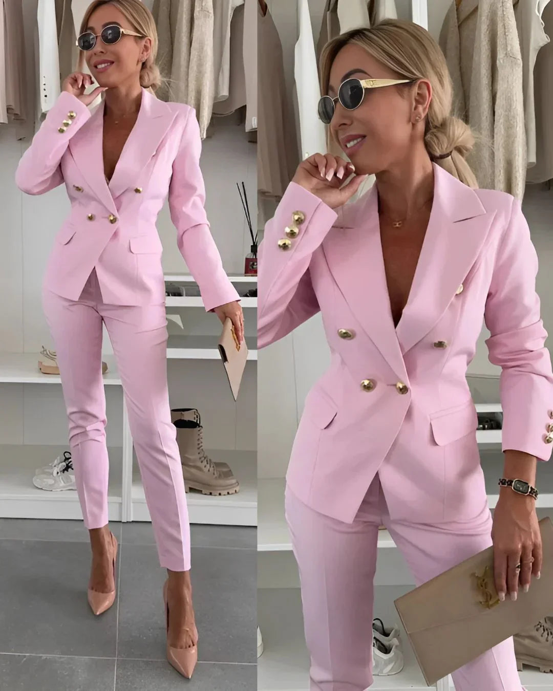 Formal women's two-piece suit set, ideal for office wear, meetings, and professional events.