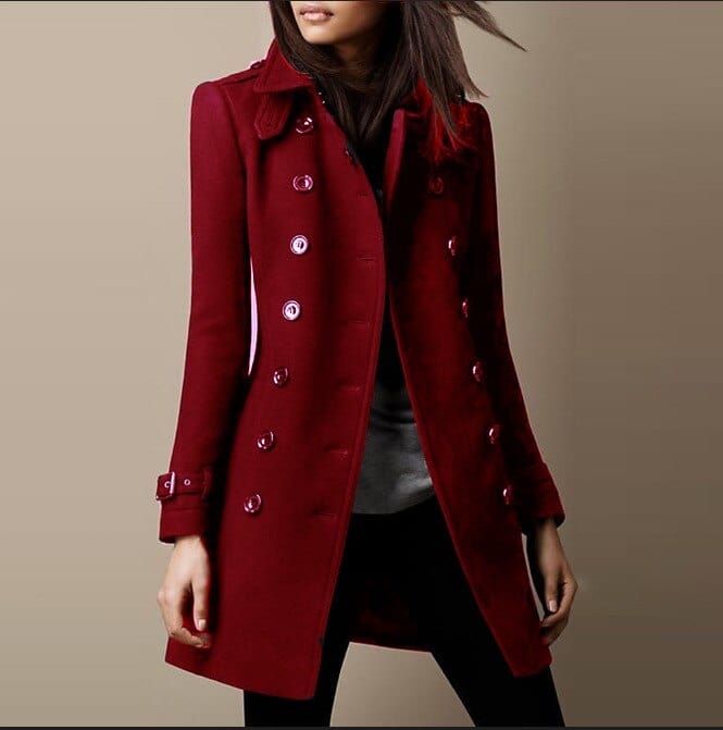 Women's double-breasted tailored coat with structured collar, long design. Perfect for elegant autumn & winter fashion.