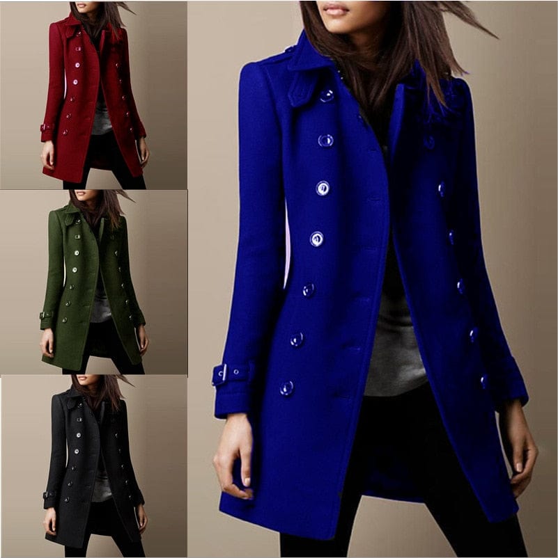 Elegant women's tailored trench coat featuring a sophisticated double-breasted design & sharp structured collar. Professional wear.
