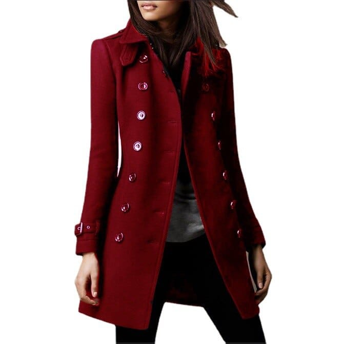 Stylish women's double-breasted tailored coat, long outerwear. Ideal for professional autumn and cold weather fashion.