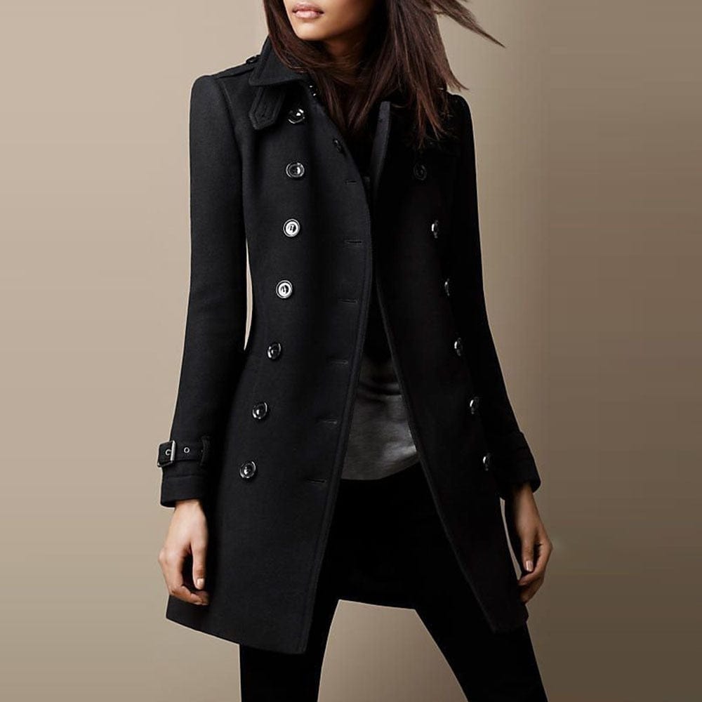 Full-length women's double-breasted tailored trench coat for autumn & winter. Elegant long outerwear with a structured design.