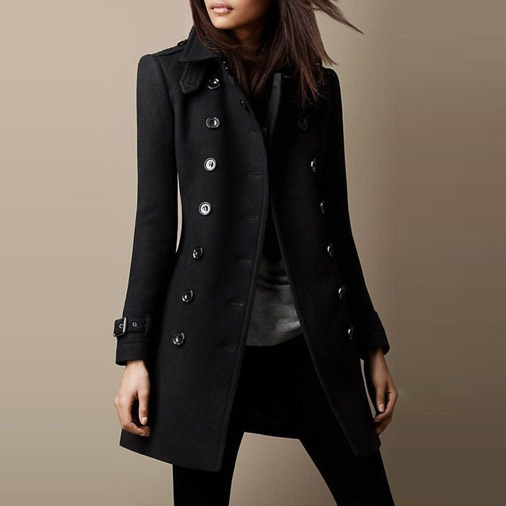 Full-length women's double-breasted tailored trench coat for autumn & winter. Elegant long outerwear with a structured design.