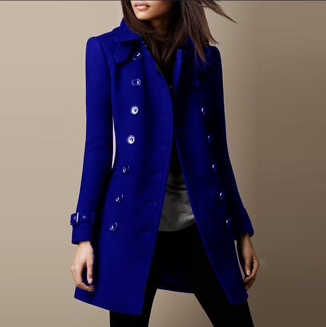Tailored fit women's double-breasted coat with a structured collar, ideal for elegant professional wear & cold weather.