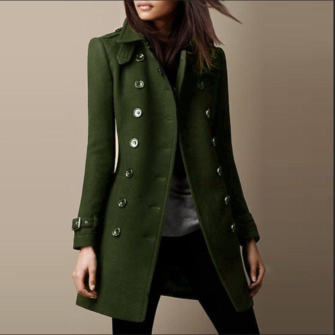 Chic women's double-breasted tailored long coat. An elegant choice for autumn, winter fashion & professional outerwear.