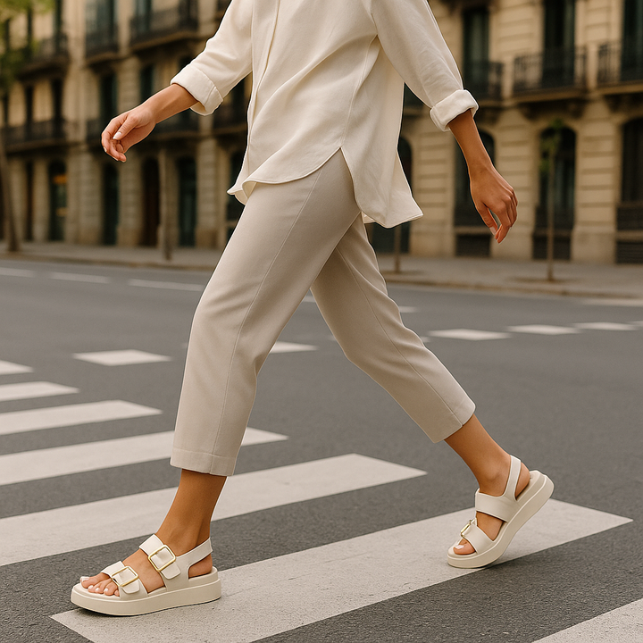 Angled view of black women's platform sandals, highlighting the comfortable footbed