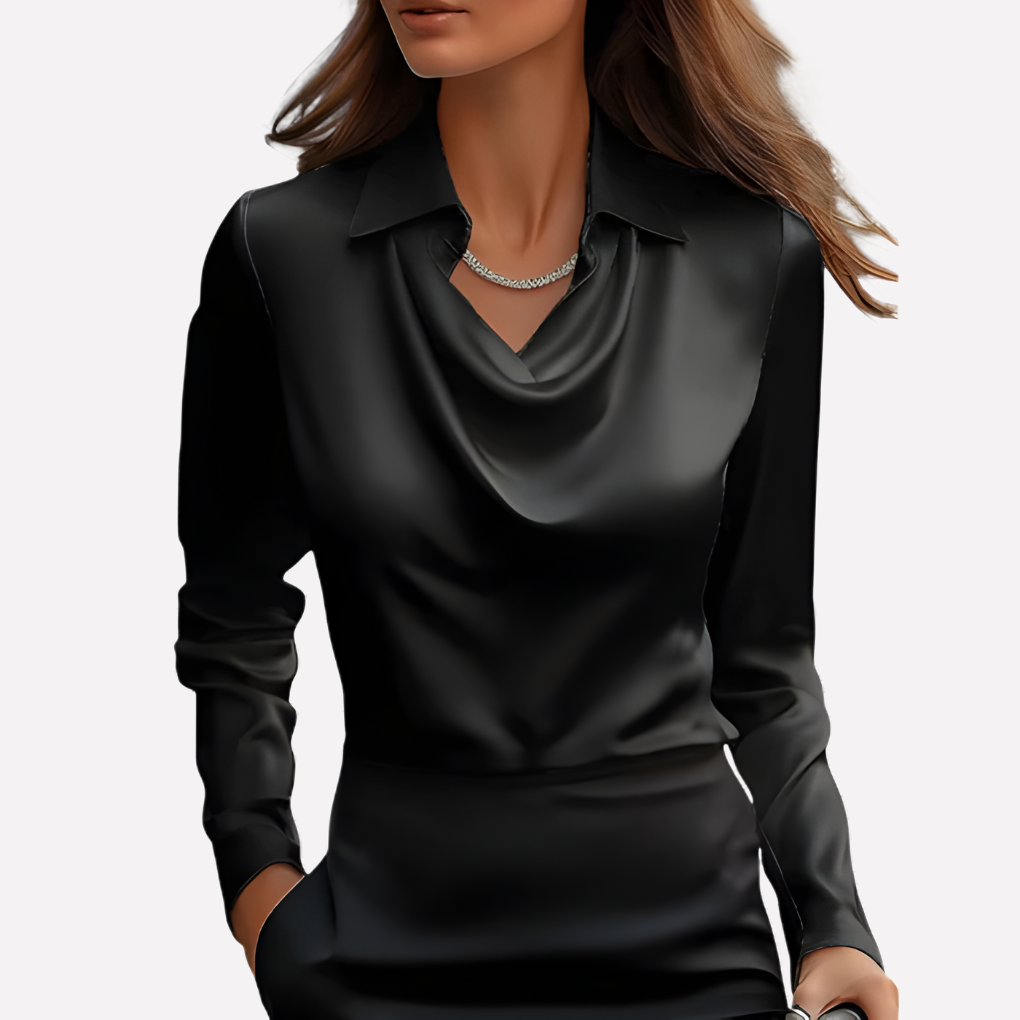 Sophisticated women's long sleeve top with a graceful draped collar, versatile for dressy occasions.