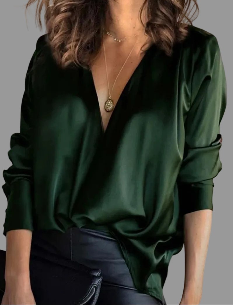 Women's draped V-neck relaxed fit blouse with long sleeves, perfect for evening wear or sophisticated party.