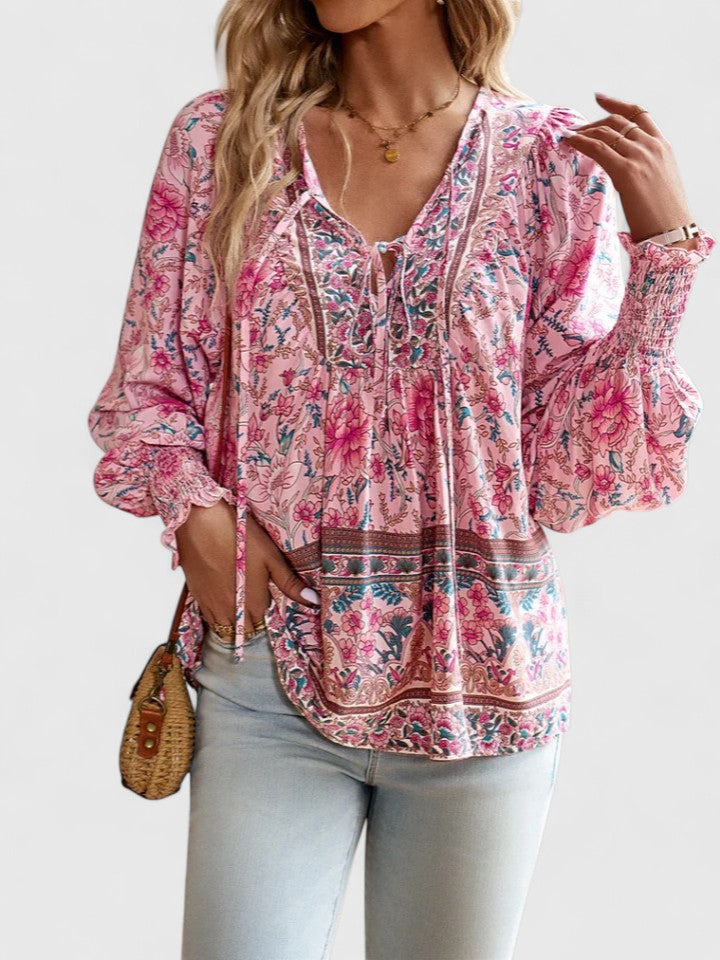 Women's Dreamy Floral long sleeve boho peasant top, perfect for spring/summer casual wear.