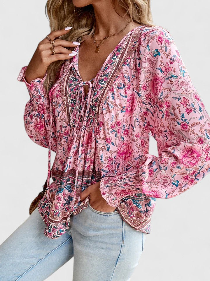Relaxed fit women's floral print long sleeve peasant blouse, ideal for boho chic summer fashion.