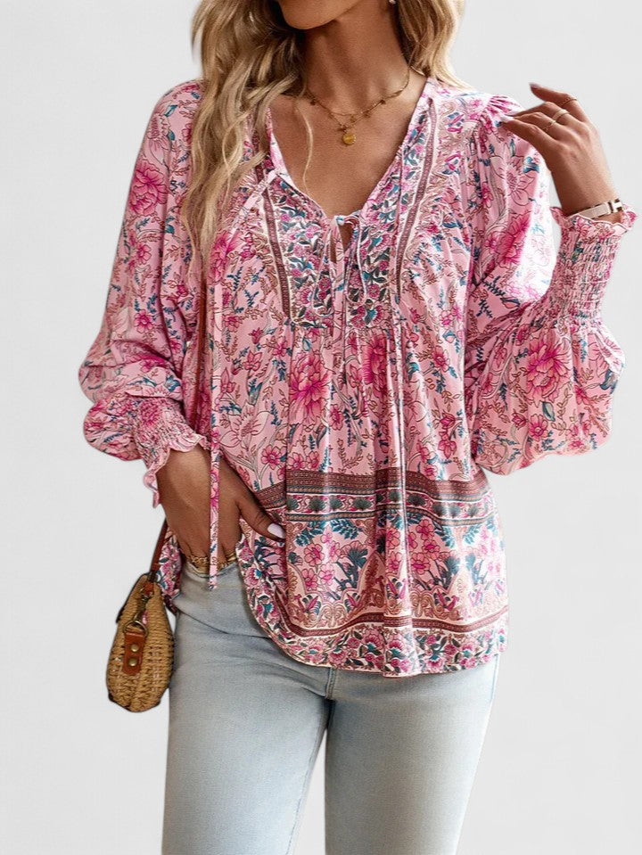 Women's long sleeve floral peasant blouse, a dreamy boho top for spring and summer outfits.