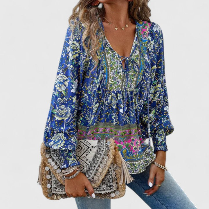 Comfortable women's floral boho peasant top, long sleeve & relaxed fit for casual style.