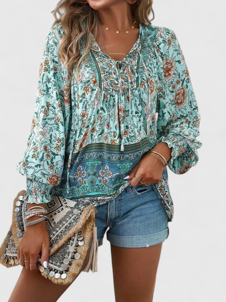 Versatile long sleeve floral print women's top, a boho chic peasant blouse for spring outfits.