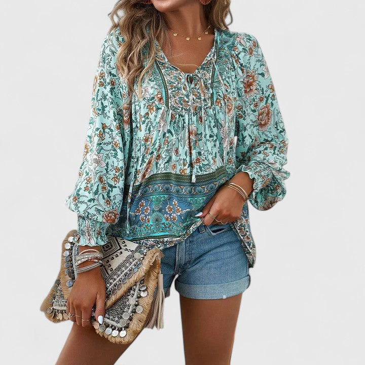 Women's floral print long sleeve peasant blouse, a dreamy boho top for casual summer fashion.