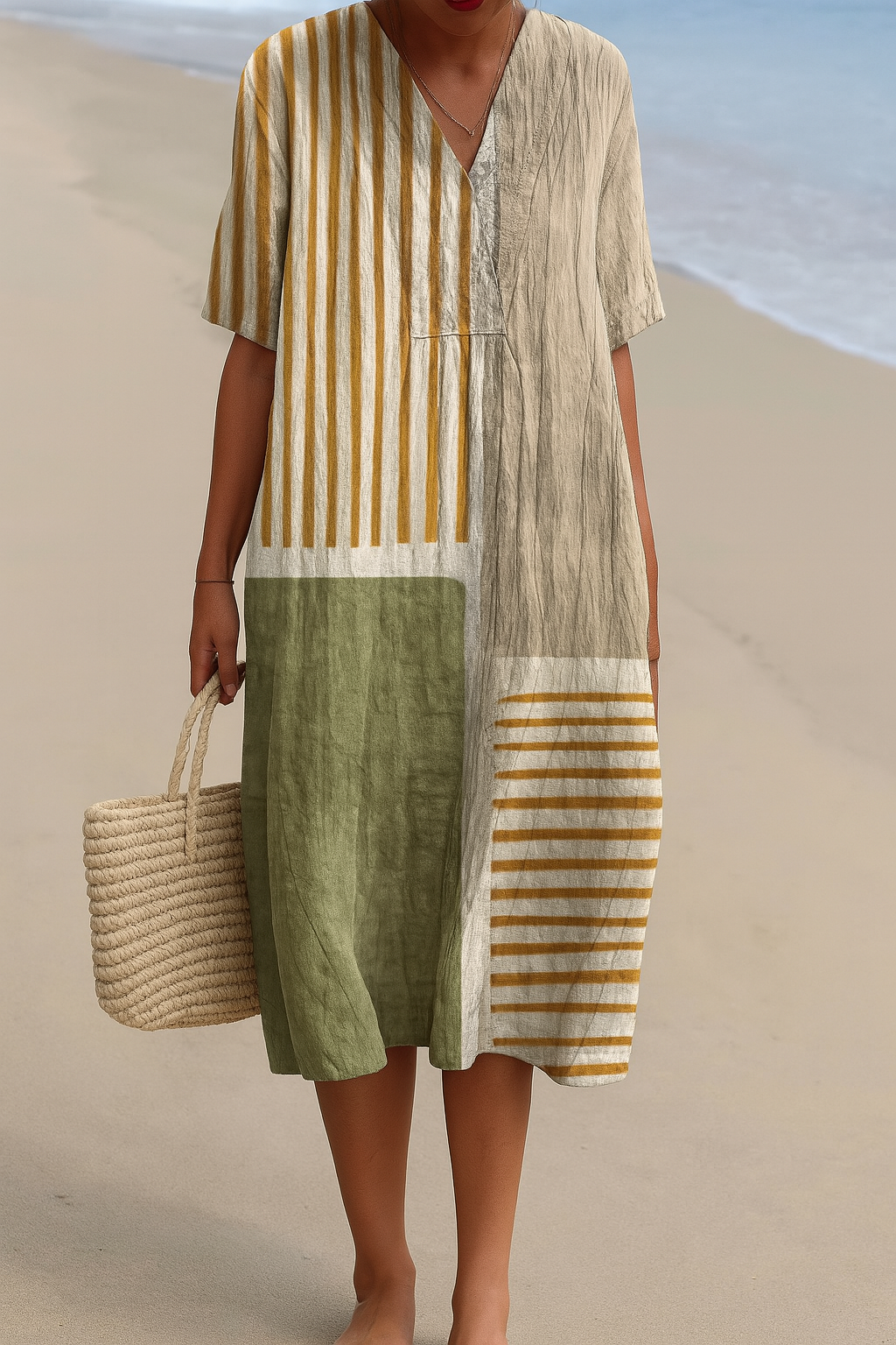 Women's earth-toned striped V-neck breeze dress. Comfortable & casual summer dress, relaxed fit, perfect for everyday fashion.