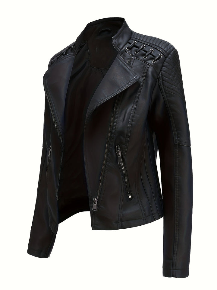 Women's edgy black moto jacket with zip front, studded shoulders & notch lapel, perfect for fashion.