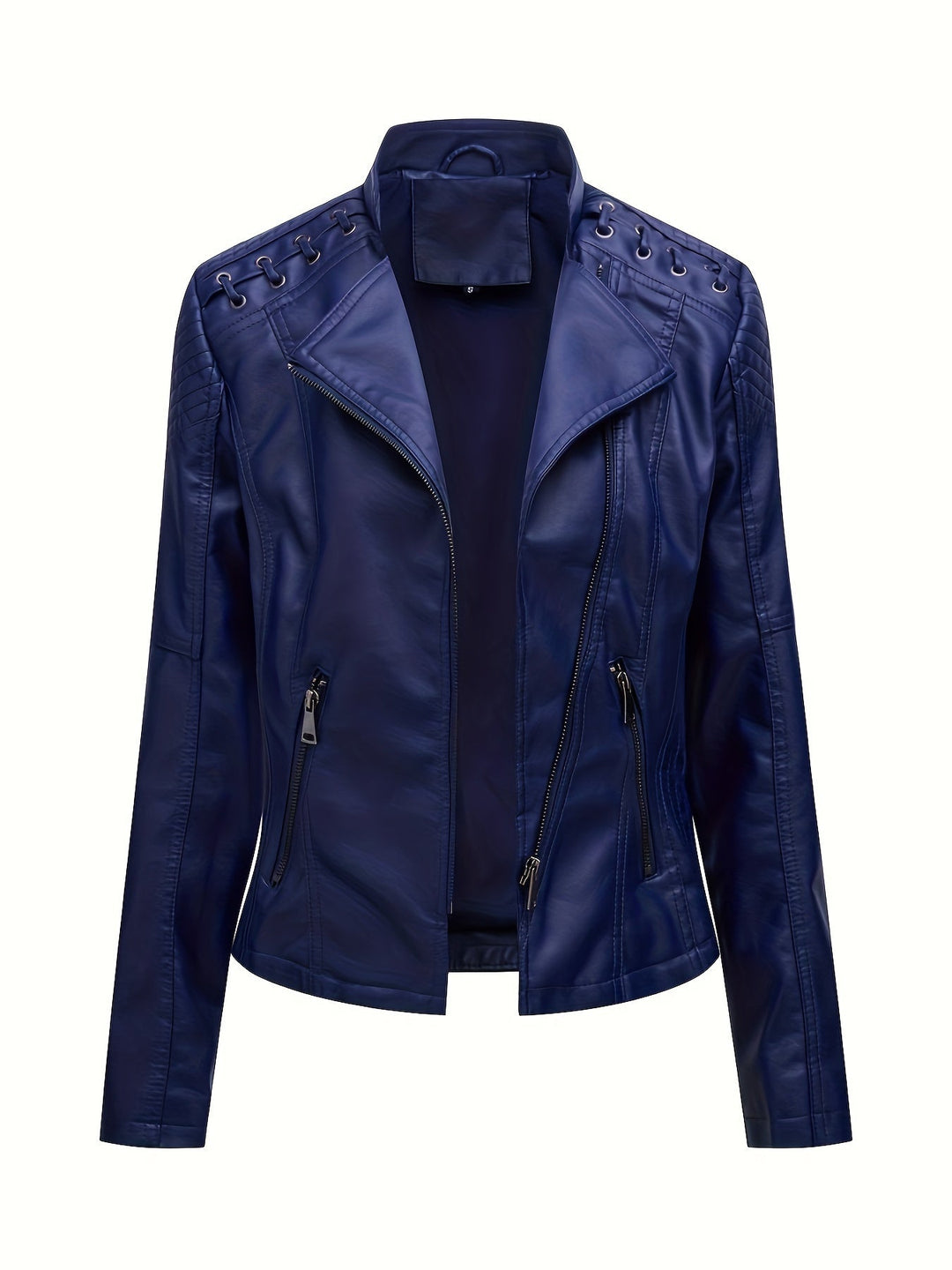 Edgy women's fitted moto jacket, boasting studded shoulders & a zip front, perfect for modern outerwear.