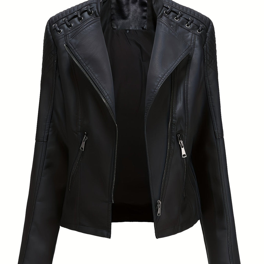 A fashion-forward women's zip-front moto jacket, featuring studded shoulders & a stylish notch lapel.