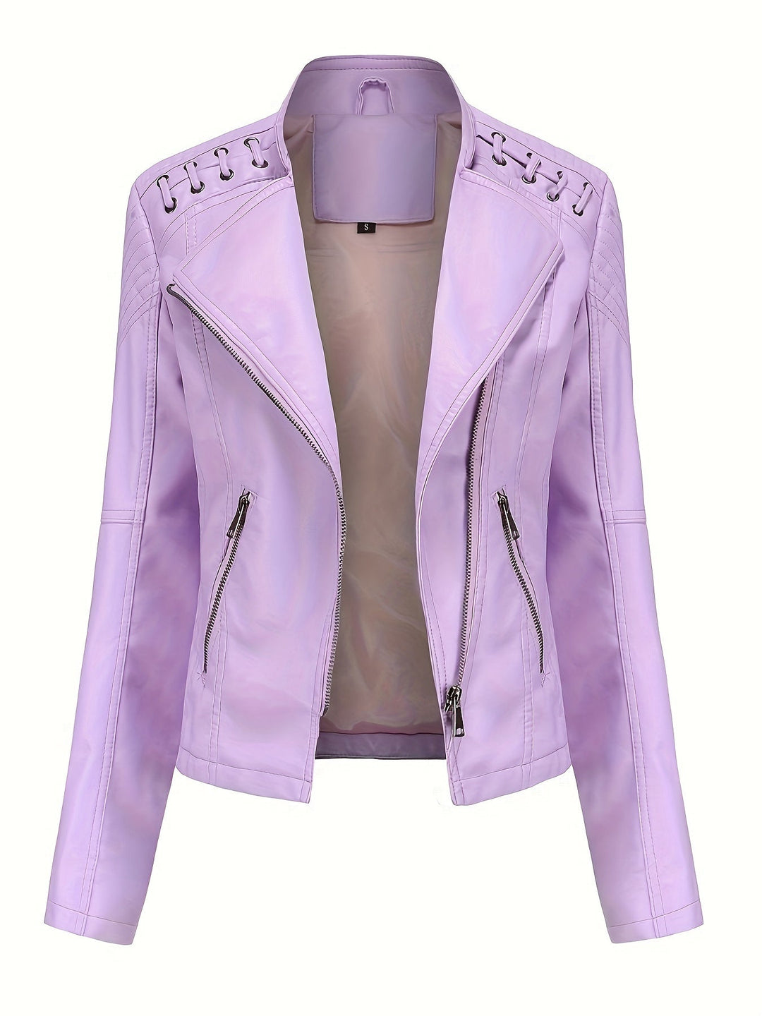 Fitted women's studded moto jacket, an edgy fashion statement piece for casual or evening wear.