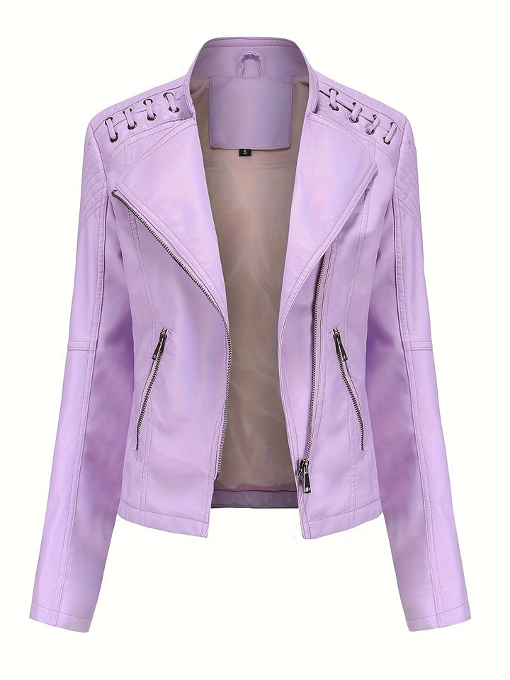 Fitted women's studded moto jacket, an edgy fashion statement piece for casual or evening wear.