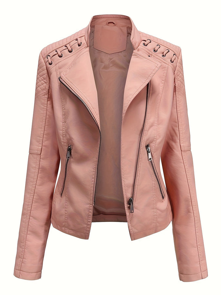 Stylish women's black zip-front moto jacket, featuring striking studded shoulders & a fitted design.