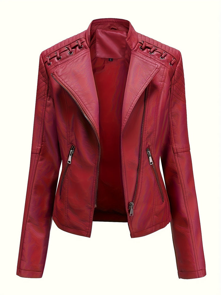 Edgy women's moto jacket: a chic statement piece with studded shoulders & zip front for outerwear fashion.