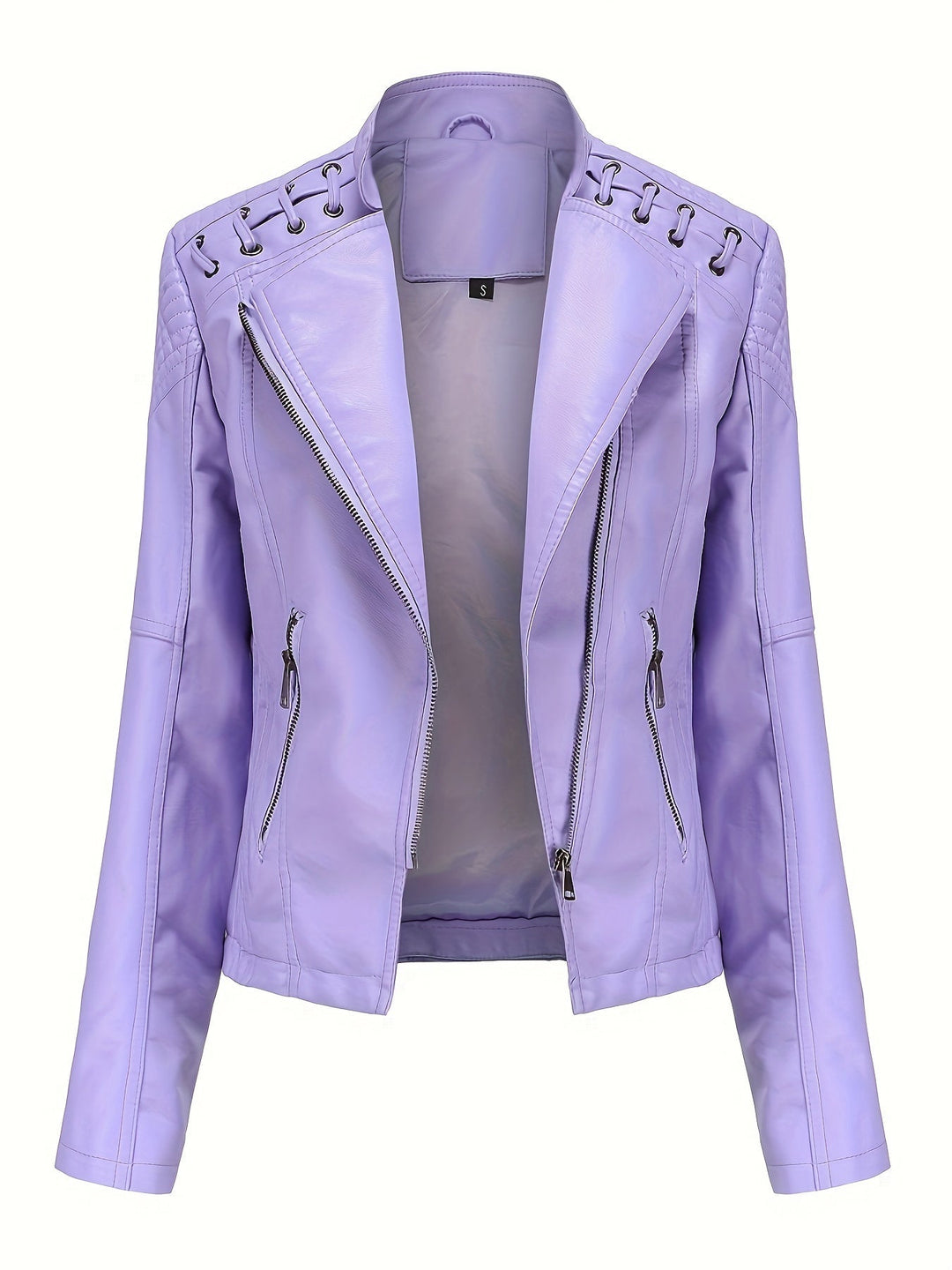 Women's fitted black moto jacket, designed with a zip front, studded shoulders & a sharp notch lapel.