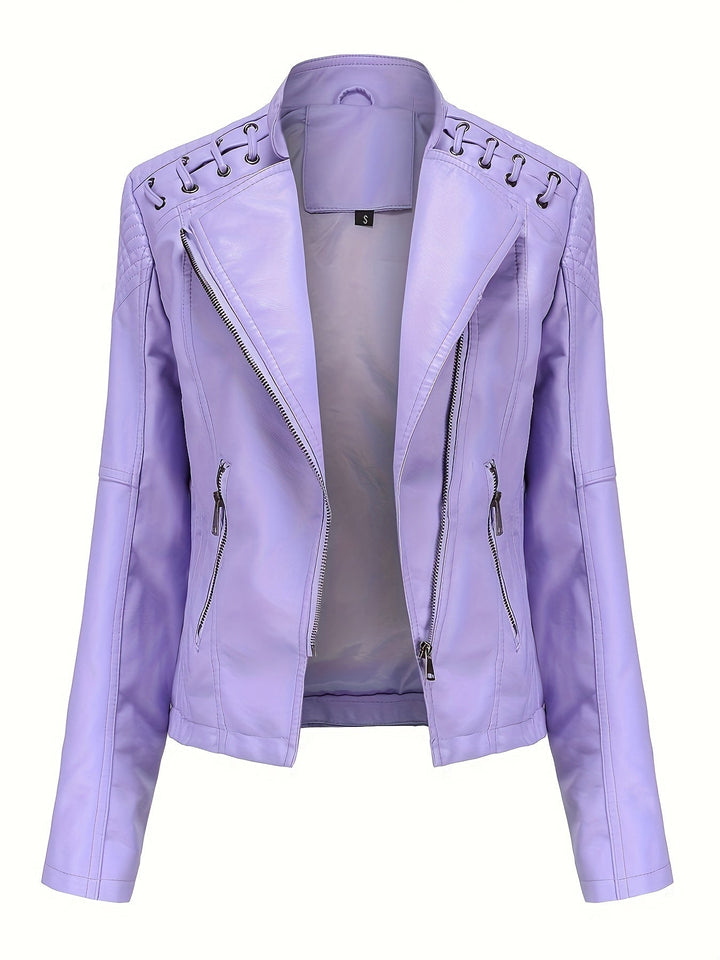 Women's fitted black moto jacket, designed with a zip front, studded shoulders & a sharp notch lapel.