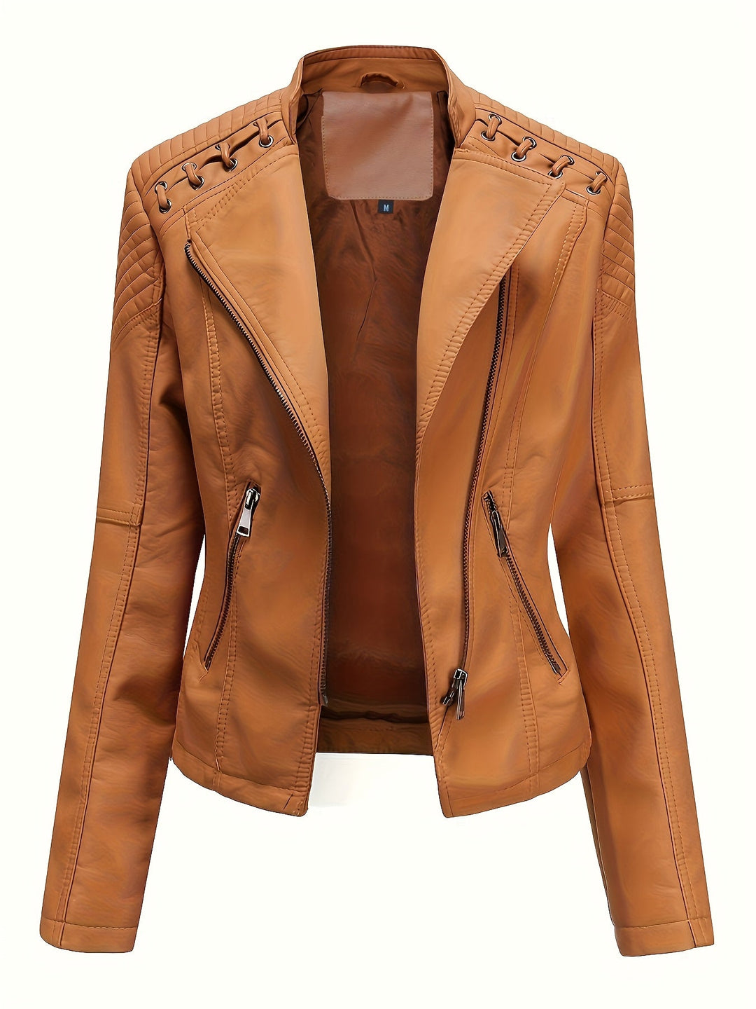 Model showcasing a women's edgy black moto jacket, featuring studded shoulders & a prominent zip front.