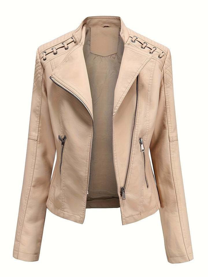 Sleek women's zip-front moto jacket with studded shoulders, ideal for an edgy, casual or evening look.