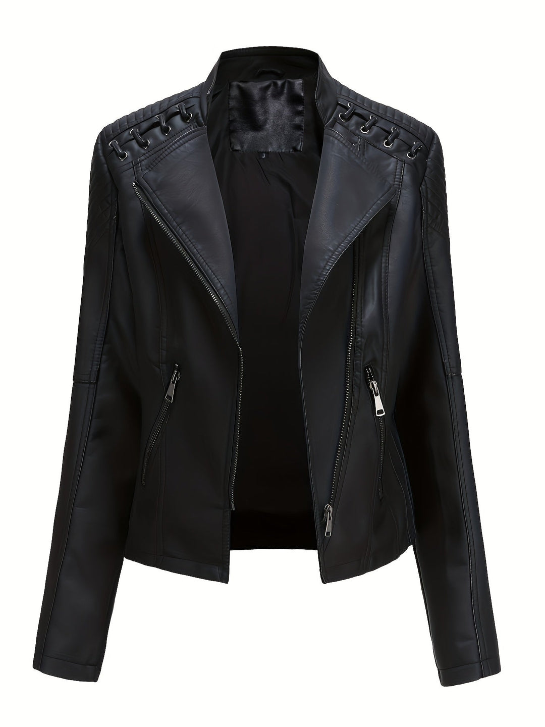 Bold women's studded moto jacket, a true edgy statement piece with zip front & a fashionable notch lapel.
