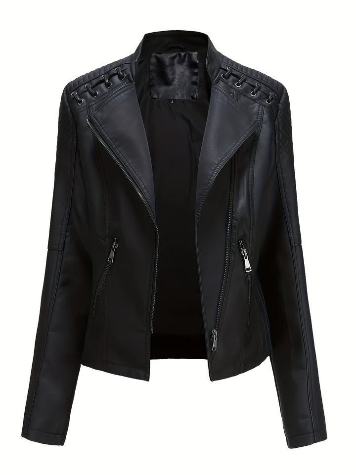 Bold women's studded moto jacket, a true edgy statement piece with zip front & a fashionable notch lapel.