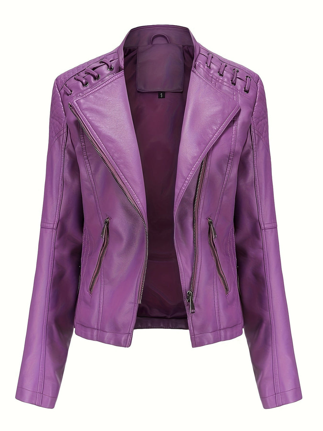 Women's black moto jacket with an edgy design, studded shoulders & a functional full zip front closure.