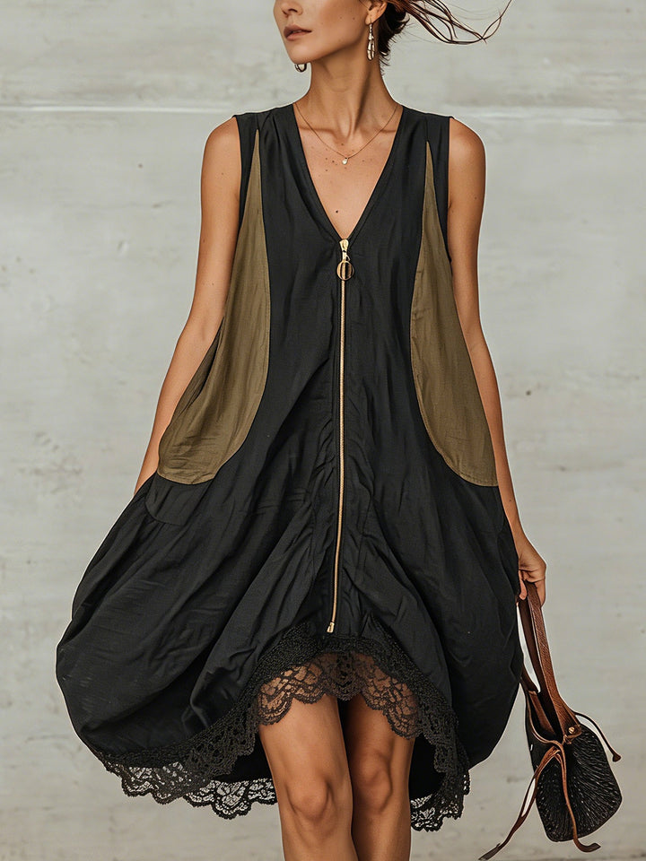 Women's effortless black midi dress with a flattering V-neckline and elegant lace trim hem, perfect for casual elegance.