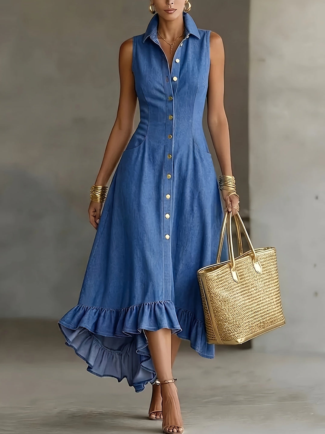 Women's effortless blue high-low ruffle dress with button front, perfect for casual summer wear. Flowy and chic.