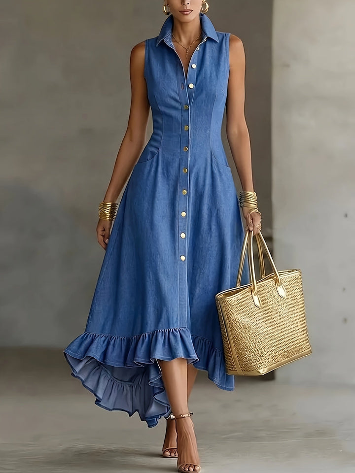 Women's effortless blue high-low ruffle dress with button front, perfect for casual summer wear. Flowy and chic.