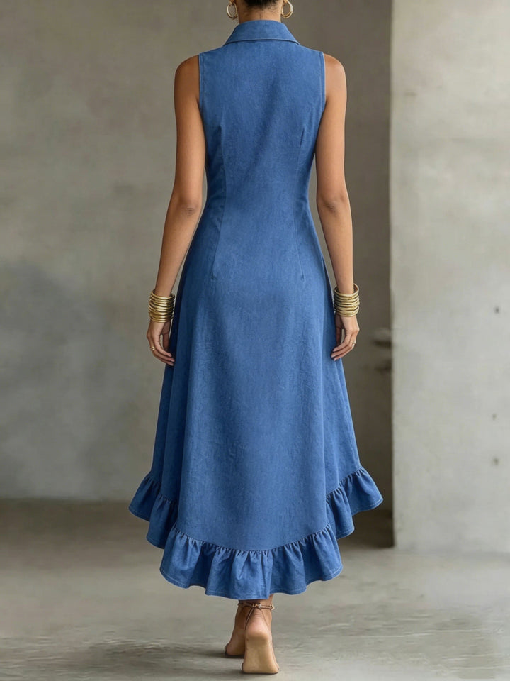 Chic women's blue high-low ruffle dress featuring a button-front and elegant collar. Ideal for versatile daytime style.