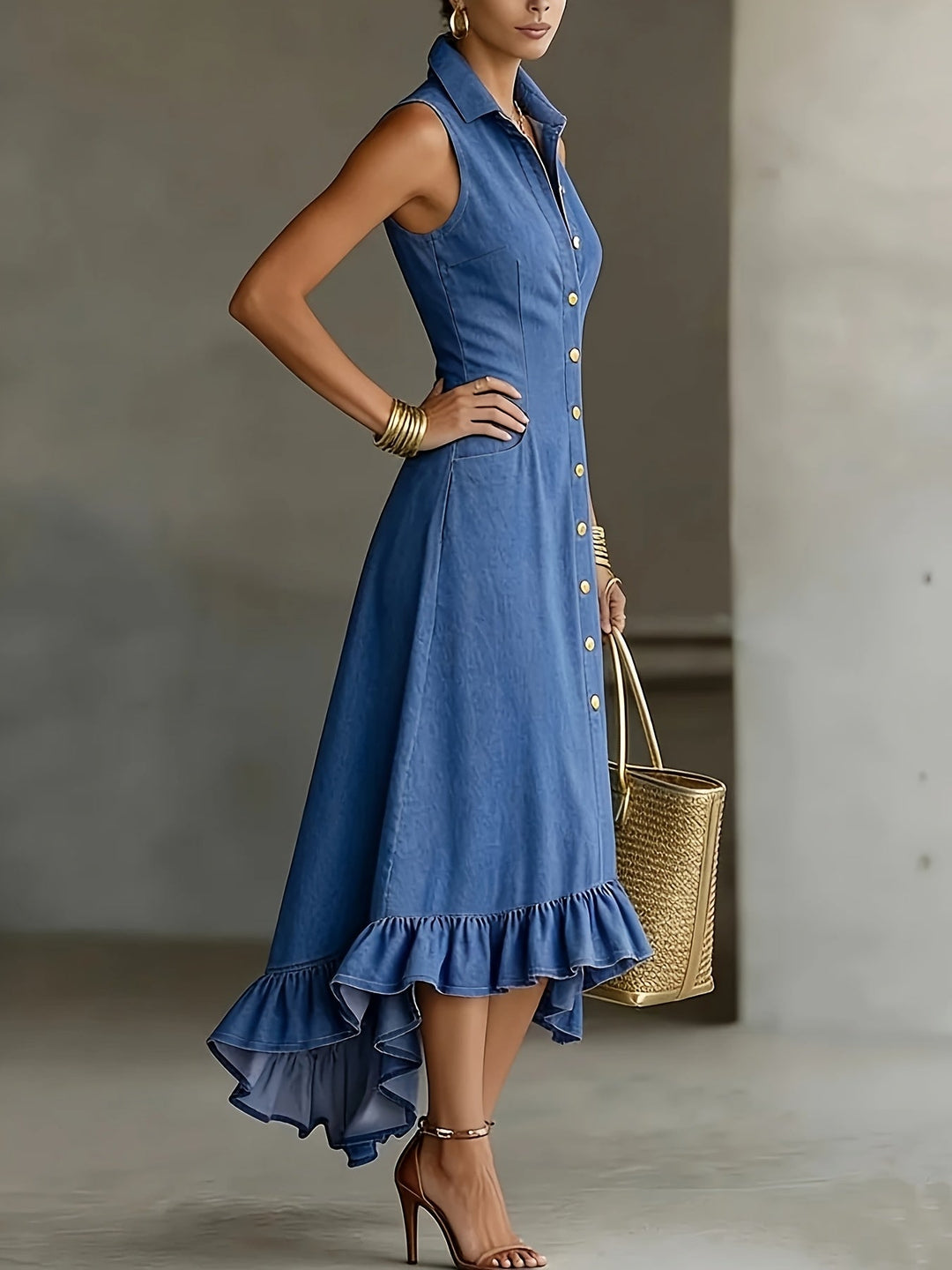 Elegant blue high-low ruffle dress for women, sleeveless and flowy for comfortable summer casual or daytime wear.