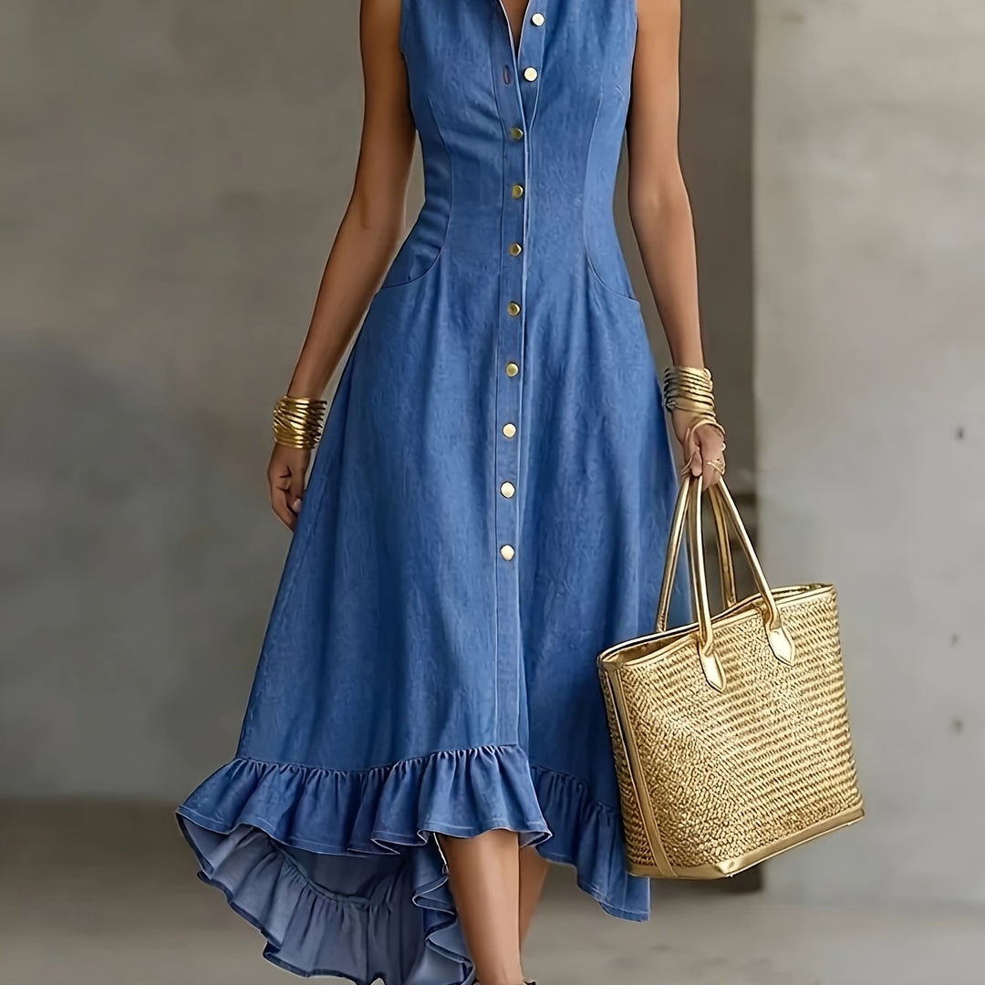 Effortless blue high-low ruffle dress for women, with button front and sleeveless design, perfect for everyday casual style.