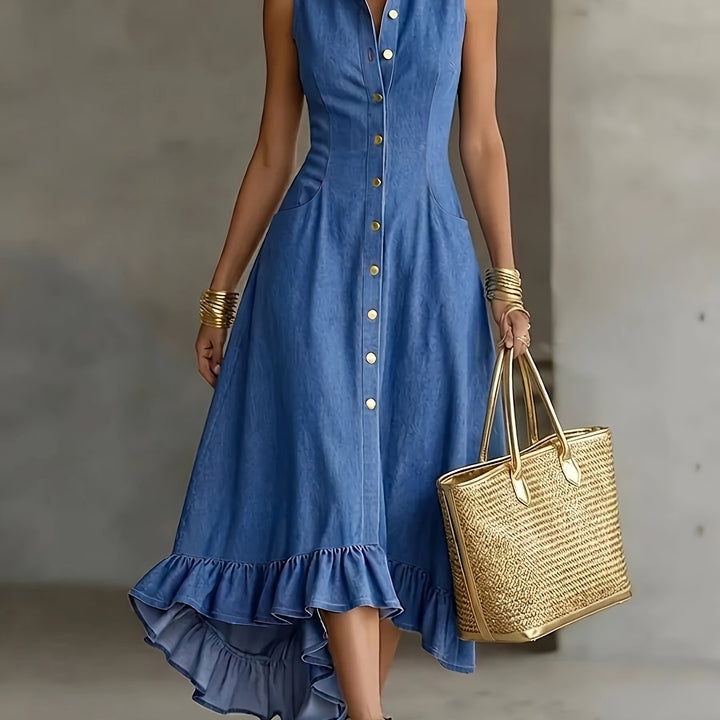 Effortless blue high-low ruffle dress for women, with button front and sleeveless design, perfect for everyday casual style.