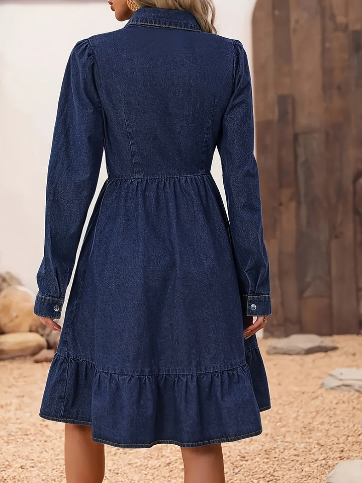 Versatile women's blue ruffle midi dress with elbow sleeves, featuring a stylish button front for chic spring looks.